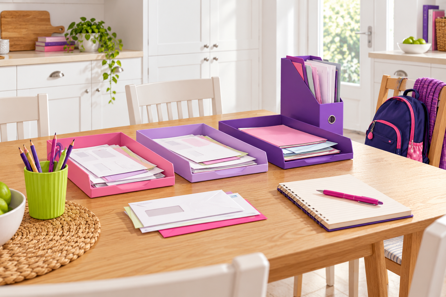 Illustration of pink and purple paperwork trays, envelopes and a notebook on a family dining table beside a school bag