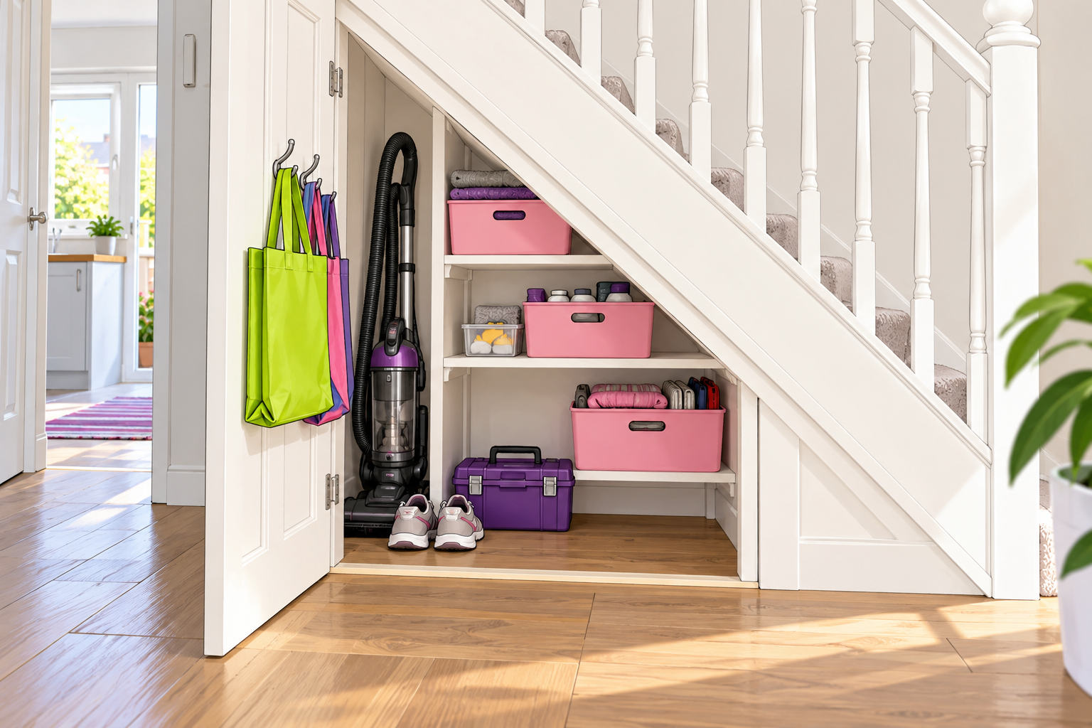 Illustration of an open understairs cupboard with a vacuum cleaner, pink storage boxes, a purple toolbox and reusable shopping bags